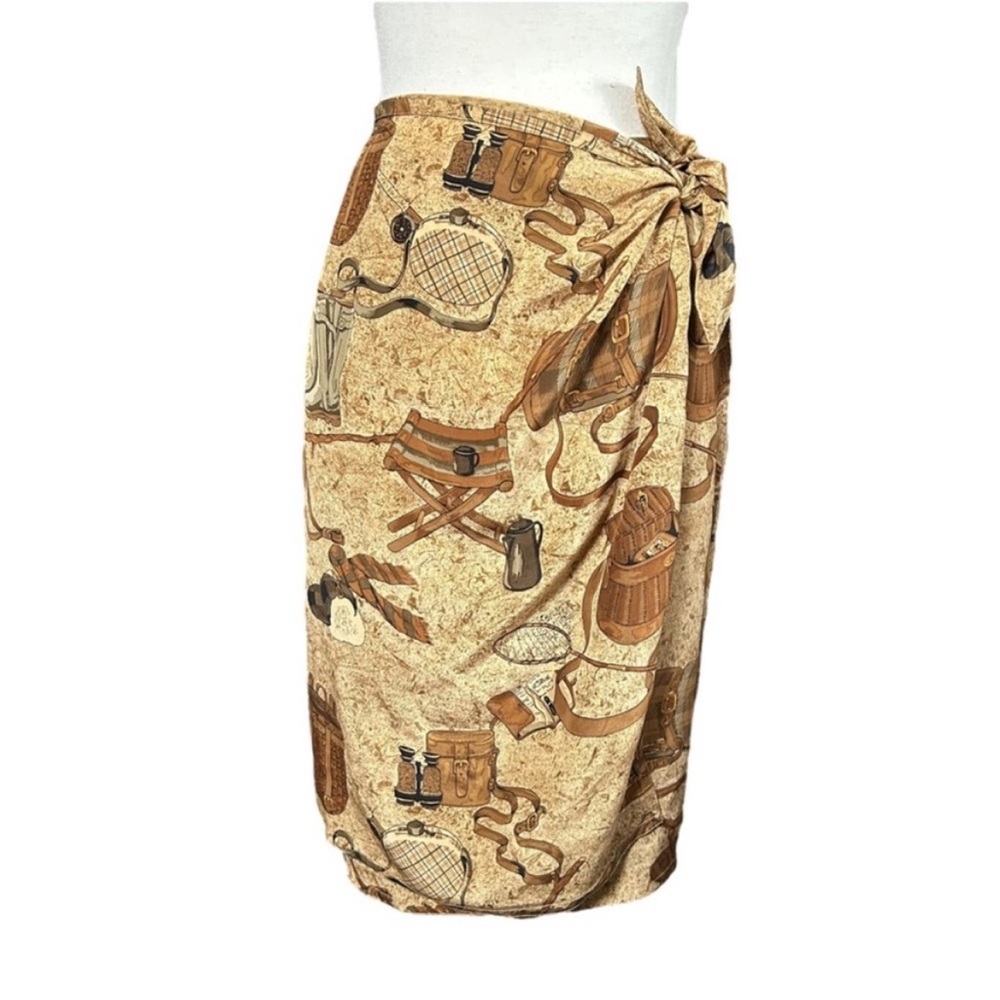 SALE VTG Ellen Tracy 100% Silk Wrap Skirt Tan Camping Outdoors Novelty Print S